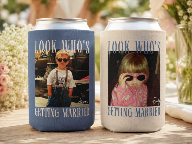 May include: Two foam can coolers, one blue and one cream, each featuring a childhood photograph of a person wearing sunglasses. The text "LOOK WHO'S GETTING MARRIED" is printed in blue above and below each photo, with the names "James" and "Emily" included.
