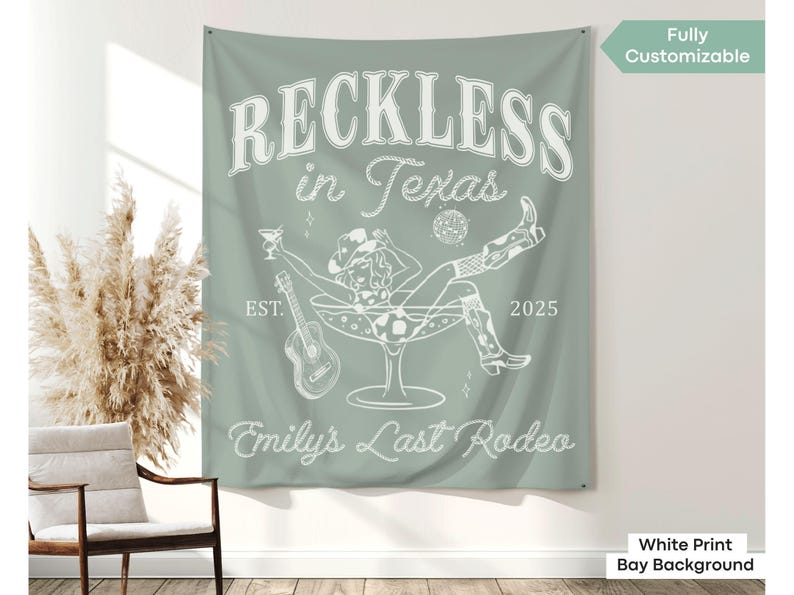 Reckless in Texas tapestry with desert cowgirl style, great for Austin, Scottsdale, or custom location celebrations.