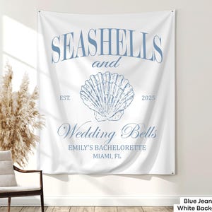 A stunning coastal bachelorette tapestry, perfect for decorating a beach bach party, girls trip, or seaside bridal shower celebration.