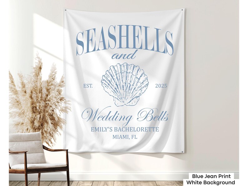 A stunning coastal bachelorette tapestry, perfect for decorating a beach bach party, girls trip, or seaside bridal shower celebration.