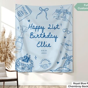 Personalized hanging tapestry for a stylish 21st birthday party, perfect as a custom beach-themed photo backdrop or birthday décor.