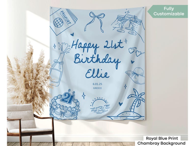Personalized hanging tapestry for a stylish 21st birthday party, perfect as a custom beach-themed photo backdrop or birthday décor.