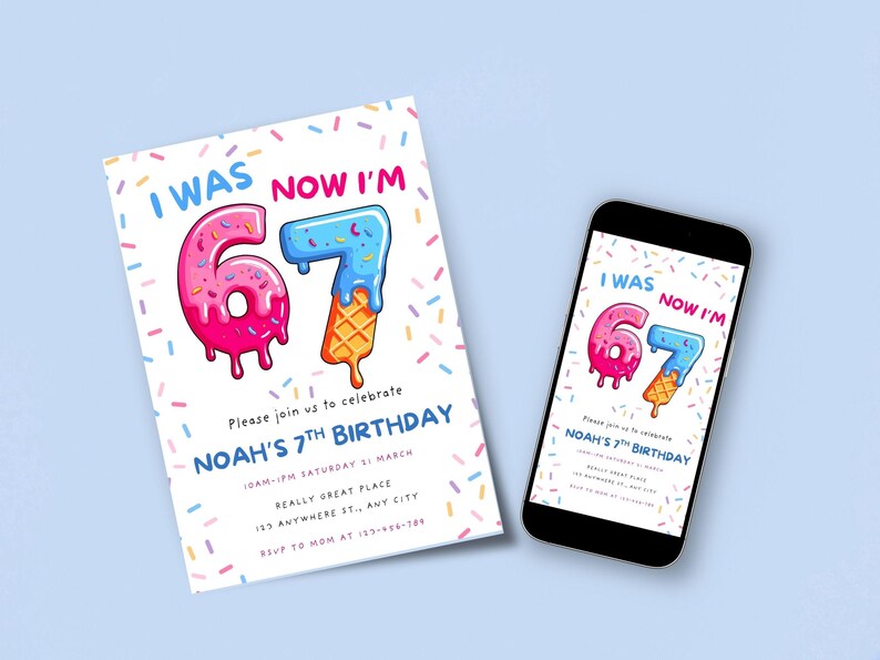 Ice cream 6 7 meme birthday invite for tweens. A printable and customizable Canva invitation perfect for kids’ birthday parties.