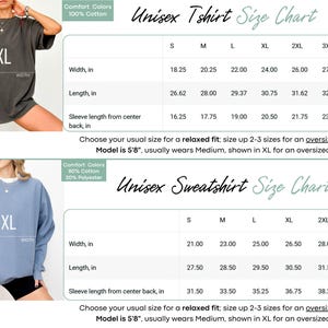 The image is a size chart for two different types of clothing: a gray t-shirt and a blue sweatshirt. The chart provides measurements for the t-shirt and sweatshirt, including width, length, sleeve length, and sleeve width.