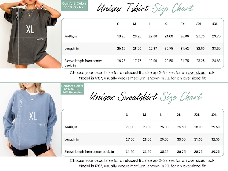 The image is a size chart for two different types of clothing: a gray t-shirt and a blue sweatshirt. The chart provides measurements for the t-shirt and sweatshirt, including width, length, sleeve length, and sleeve width.
