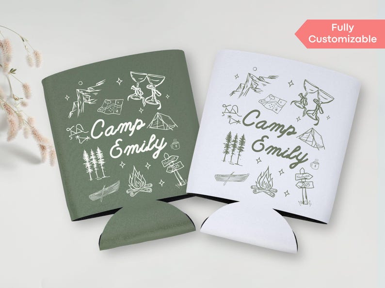Celebrate your outdoor bachelorette with these custom Camp Bach can coolers, perfect for sipping drinks by the fire at your mountain or lake getaway.