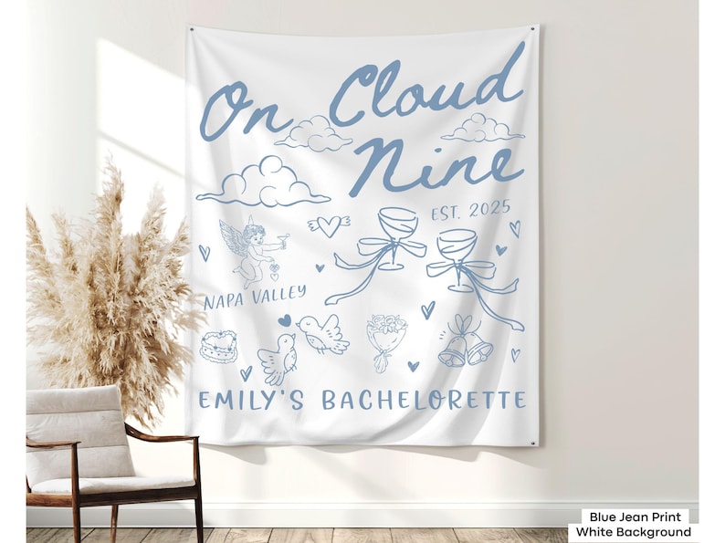 Personalized Bride On Cloud Nine banner for bachelorette weekends, wine bridal showers, and custom photo backdrop decor. On Cloud 9 tapestry made for destination bach parties, beach trips, or Cloud Nine Club gatherings.