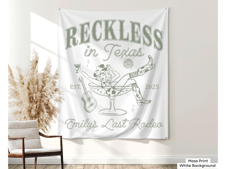 Custom Reckless in Texas Bachelorette Banner Decor Personalized Last Rodeo Bach Party Tapestry Desert Western Cowgirl Bach Backdrop Sign image 10