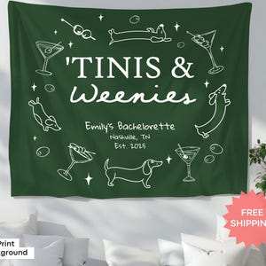 Custom bridal party backdrop with hot dog and martini motif, made for dachshund fans celebrating a one-of-a-kind bachelorette.