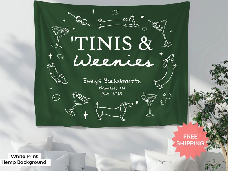 Custom bridal party backdrop with hot dog and martini motif, made for dachshund fans celebrating a one-of-a-kind bachelorette.