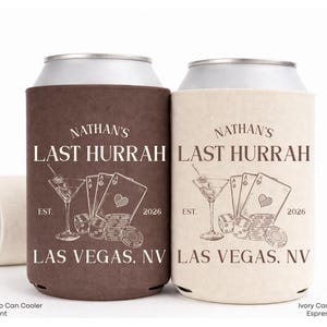 Two personalized beer coolers with the same design, featuring the text "Nathan's Last Hurrah" and "Las Vegas, Nevada" printed on them.