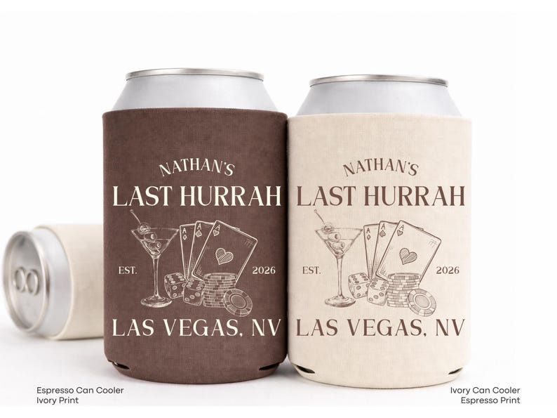 Two personalized beer coolers with the same design, featuring the text "Nathan's Last Hurrah" and "Las Vegas, Nevada" printed on them.