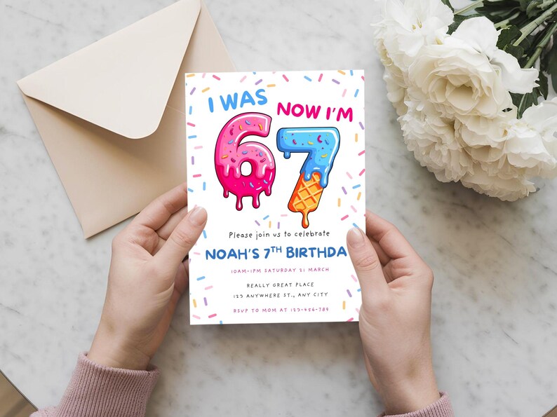 May include: A birthday invitation card with the text "I WAS 6, NOW I'M 7". The numbers are designed as a donut and an ice cream cone. The invitation is for Noah's 7th birthday. The card is held by a person.