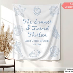The Summer I Turned Birthday Party Banner Decor AnyAge Custom Birthday Tapestry Coastal Seashell Teen Girl Birthday Backdrop Beach Bday Sign