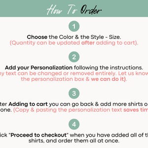 The image is a step-by-step guide on how to order custom-made shirts, providing instructions on how to choose the color and style, add personalization, and order additional shirts.