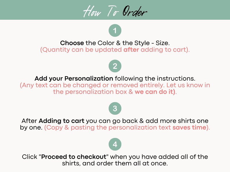 The image is a step-by-step guide on how to order custom-made shirts, providing instructions on how to choose the color and style, add personalization, and order additional shirts.