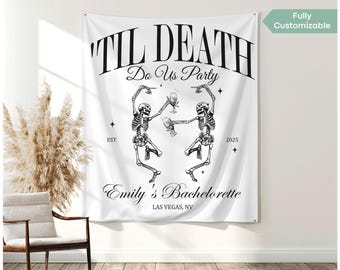 Til Death Do Us Party Funny Bachelorette Party Banner Personalized Gothic Skeleton Bride Photo Backdrop Tapestry Halloween Wedding Favors
