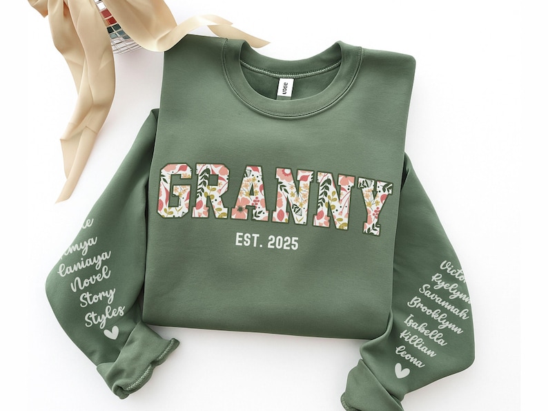 Personalized Granny Sweatshirt with Kid Name on Sleeve, Customized Granny Est Shirt Christmas Grandma Shirt Granny Mothers Day Gift image 1