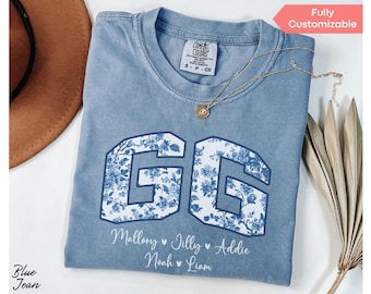 Blue Floral GG Shirt Custom Grandma GG T-shirt With Personalized Grandkids Names, Comfort Colors® Grandmother GG Mother’s Day Top