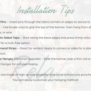a list of installation tips for hanging banners, including instructions on how to properly install push pins, clips, double-sided tape, command strips, and rod or hanger upgrades.
