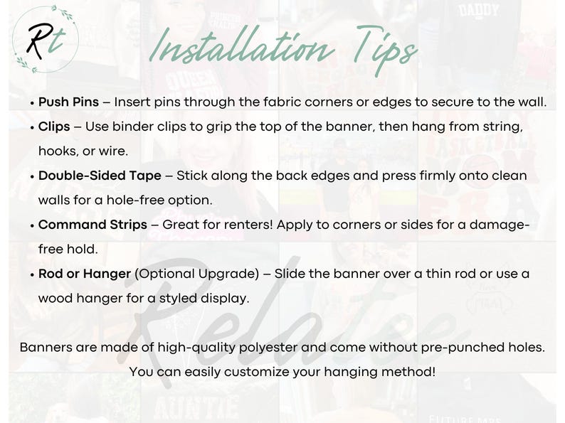a list of installation tips for hanging banners, including instructions on how to properly install push pins, clips, double-sided tape, command strips, and rod or hanger upgrades.