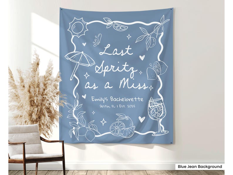 Personalized bachelorette banner filled with hand-drawn Aperol spritz motifs and celebratory elements like hearts and stars, crafted for bridal showers or hen do parties with a beachy vibe.