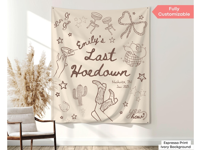 Personalized Last Hoedown banner for cowgirl bachelorette parties in Austin or Nashville, perfect for rodeo-themed photo ops.