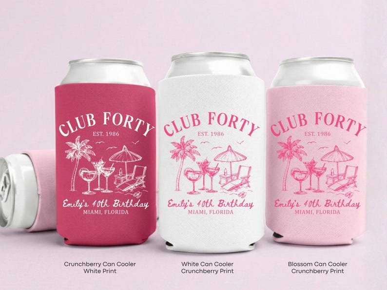 Three colorful can coolers with the text "Club Forty" printed on them, each representing a different color: pink, white, and pink.