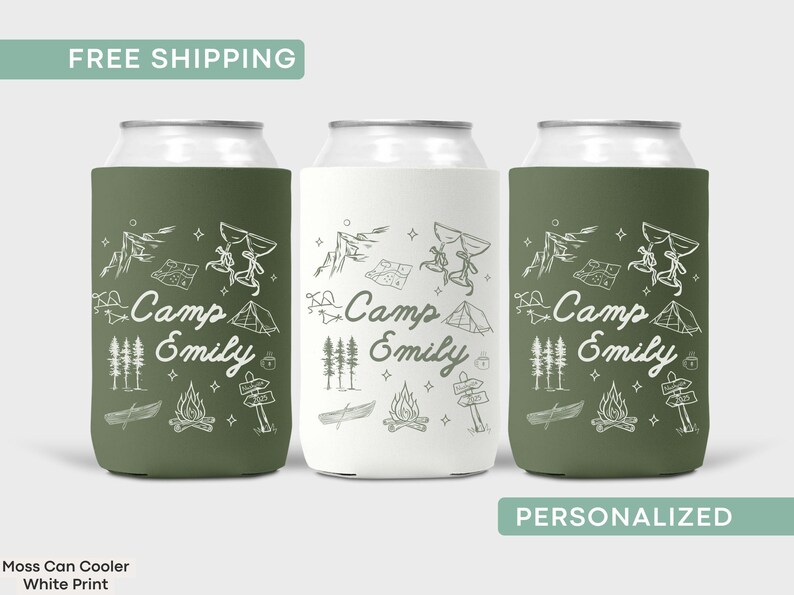May include: Three green and white personalized can coolers with a camping theme. The coolers feature a white outline of a tent, campfire, canoe, compass, and stars. The text "Camp Emily" is printed on each cooler.