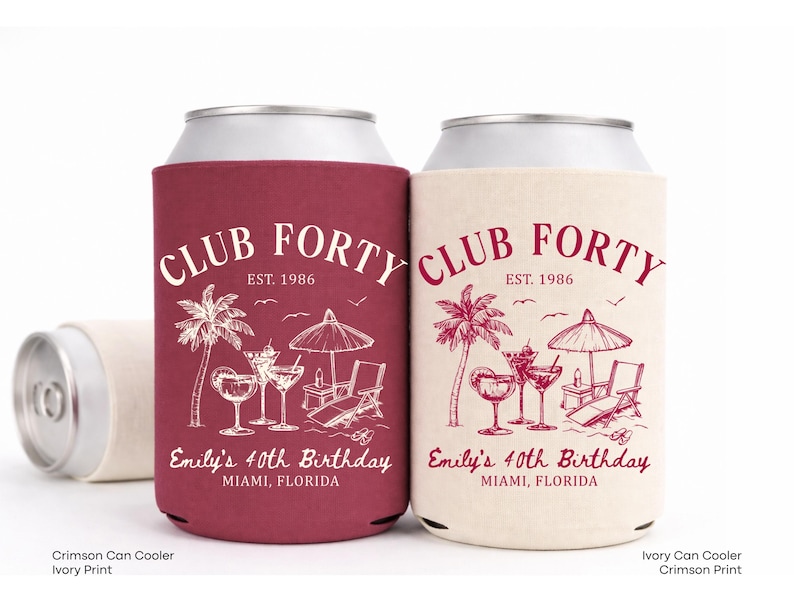 Two beverage coolers with the text "Club Forty" printed on them, celebrating Emily's 40th birthday in Miami, Florida.