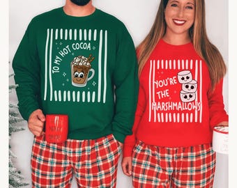 Funny Matching Couple Christmas Sweatshirt, Hot Cocoa & Marshmallows Matching Holiday Crewneck, Husband Wife Boyfriend Girlfriend Xmas Gift