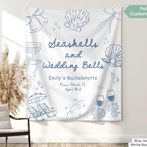 Muscheln und Hochzeitsglocken Bachelorette Wochenende Banner Dekor Benutzerdefinierte Strand Brautdusche Zeichen Personalisierte Küsten Hochzeit Backdrop Tapisserie