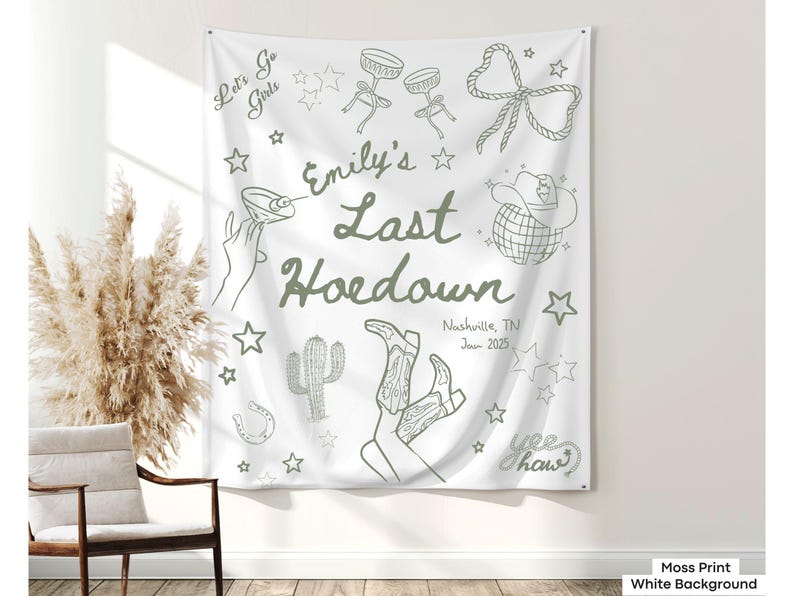 Austin Texas bachelorette tapestry with Western party vibes, perfect for rustic bridal photos or party entrance decor.