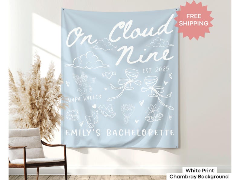 Cloud Nine hen do backdrop for wine-loving bride squads, Match Made In Heaven themes, or soft bridal party setups.