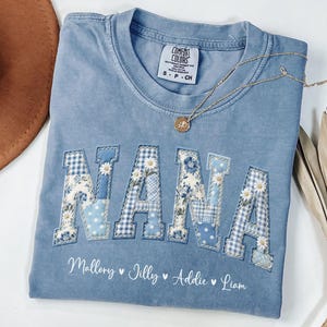 Personalized Nana Faux Patchwork Shirt With Grandkids Names, Comfort Colors® Grandma Nana TShirt, Custom Mother's Day Gift For Gigi Mimi Mom