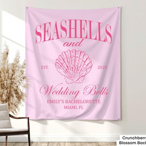 A Custom Seashells and Wedding Bells Bachelorette Tapestry, perfect for decorating a beach bach party, girls trip, or seaside bridal shower celebration.