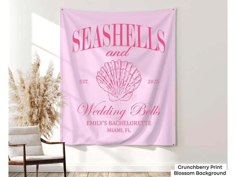 A Custom Seashells and Wedding Bells Bachelorette Tapestry, perfect for decorating a beach bach party, girls trip, or seaside bridal shower celebration.