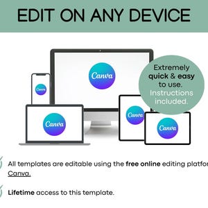 May include: Image showing a computer monitor, laptop, tablet, and smartphone, all displaying the Canva logo. Text at the top reads "EDIT ON ANY DEVICE." Additional text states templates are editable using Canva and offer lifetime access.