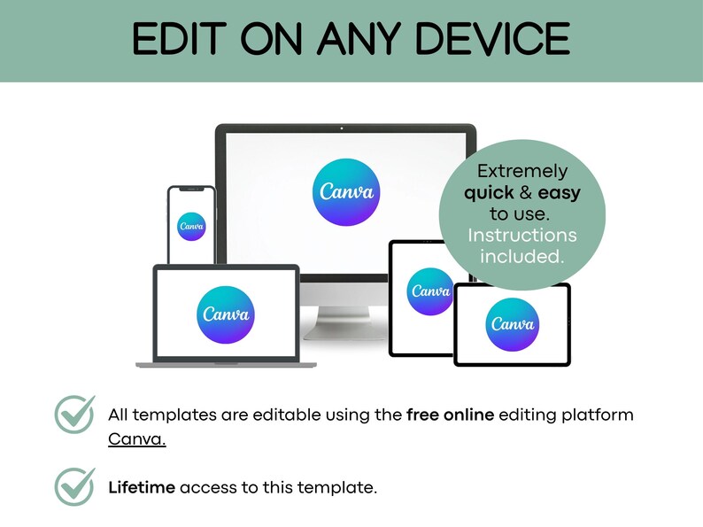 May include: Image showing a computer monitor, laptop, tablet, and smartphone, all displaying the Canva logo. Text at the top reads "EDIT ON ANY DEVICE." Additional text states templates are editable using Canva and offer lifetime access.