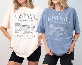 Magliette personalizzate per addio al nubilato a tema nautico, "Ultima navigazione prima del velo", "Magliette per addio al nubilato in crociera", "Merchandising di lusso per addio al nubilato", "Maglietta per addio al nubilato in spiaggia".