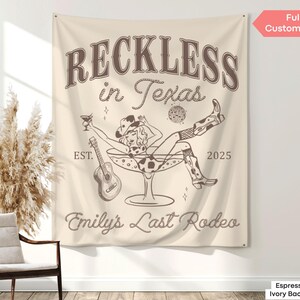 Custom Western bachelorette tapestry featuring a Last Rodeo design, made for desert disco brides and Texas party weekends.