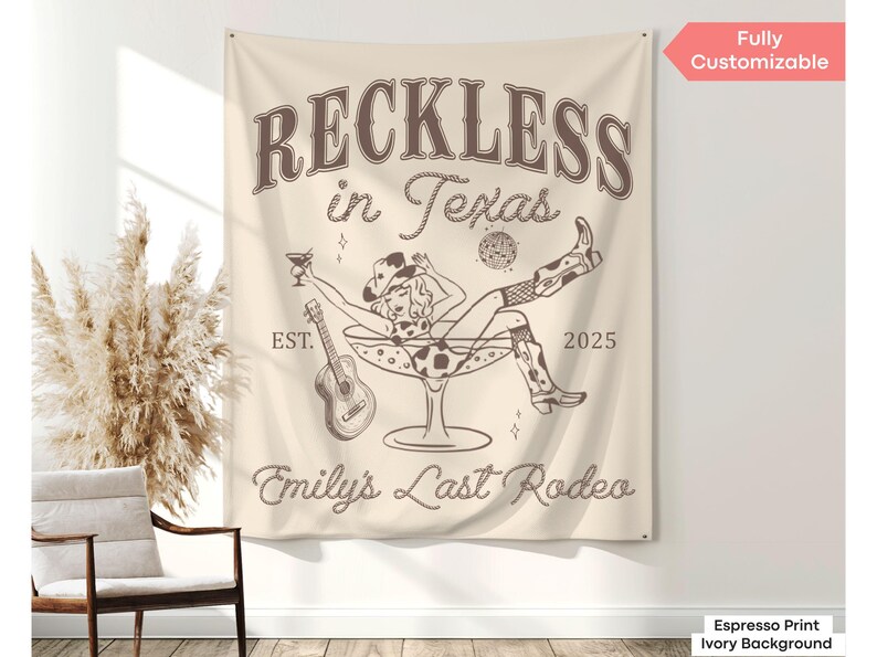 Custom Western bachelorette tapestry featuring a Last Rodeo design, made for desert disco brides and Texas party weekends.