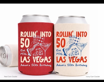 Las Vegas Birthday Can Cooler, Personalized 50th Birthday Casino Theme Party Drink Sleeve, Rolling Into 50 Can Holder, Vegas Trip Bday Favor