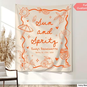 Personalized Sun and Spritz banner for beach bachelorettes, bridal shower decor, and Aperol cocktail-themed photo backdrops.