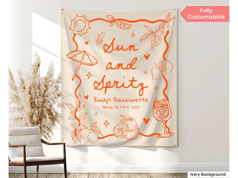 Personalized Sun and Spritz banner for beach bachelorettes, bridal shower decor, and Aperol cocktail-themed photo backdrops.