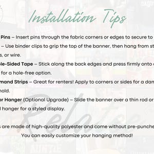 a list of installation tips for hanging banners, including instructions on how to properly install push pins, clips, double-sided tape, command strips, and rod or hanger upgrades.