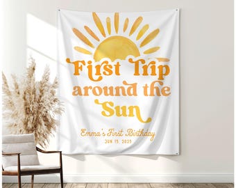 First Trip Around The Sun 1st Birthday Banner Decor Custom First Birthday Party Sign Tapestry Boho Sunshine Birthday Photo Backdrop