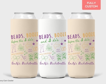 Custom Nola Bachelorette Party Slim Can Cooler Decor Beads Booze and I Dos Can Holder New Orleans Bachelorette Party Drink Sleeve Favors