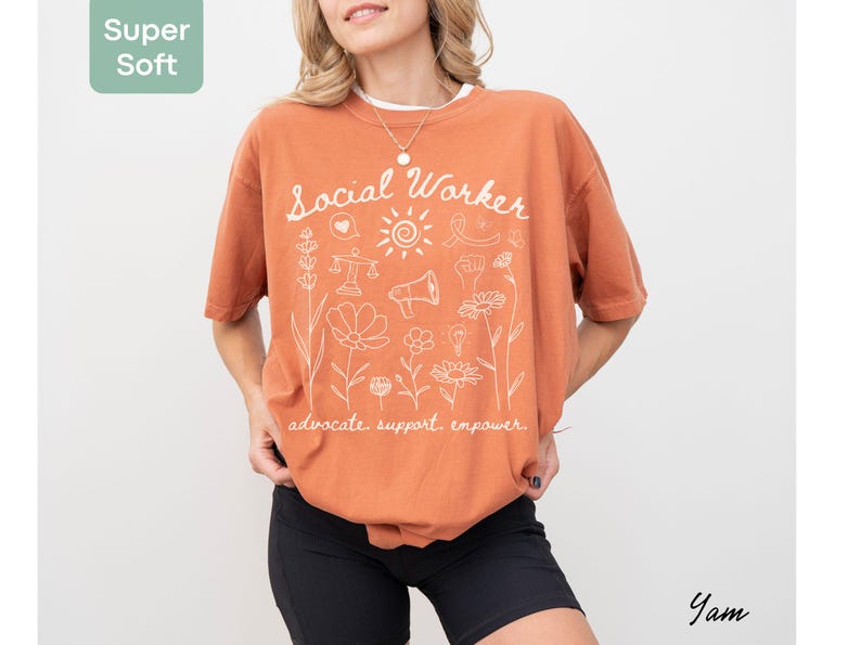 Gift-ready tee featuring “Advocate. Support. Empower.” script, ideal for social worker appreciation gifts, graduation presents, or team shirts.