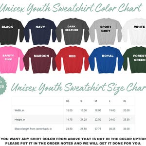 The image is a color chart for unisex youth sweatshirts, displaying various color options and corresponding sizes.
